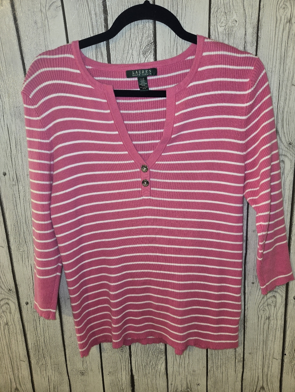 Lauren Ralph Lauren Pink White Stripe Henley Sweater Top Women’s Large Cotton
